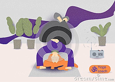 A young girl with 10 red hair doing gymnastics yoga exercise on a rug vector illustration without contours in the style of flat Vector Illustration