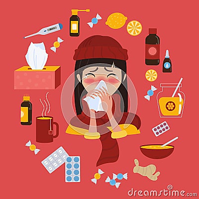 Young girl in red hat caught cold flu or virus. Vector Illustration