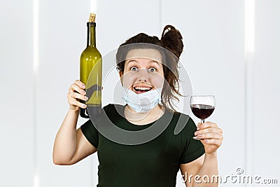 Young girl relaxing at home and drink wine. Cozy time at home. Self time and Coronavirus outbreak quarantin, isolated Stock Photo