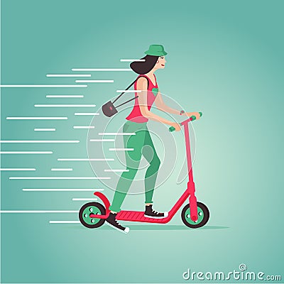 Young girl riding a scooter. Cartoon illustartion. Flat style. Vector Illustration