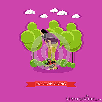 Young girl rollerblade in the park, flat design Vector Illustration