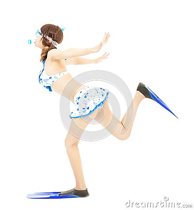 Young girl runs with scuba diving equipment isolated on a white Stock Photo