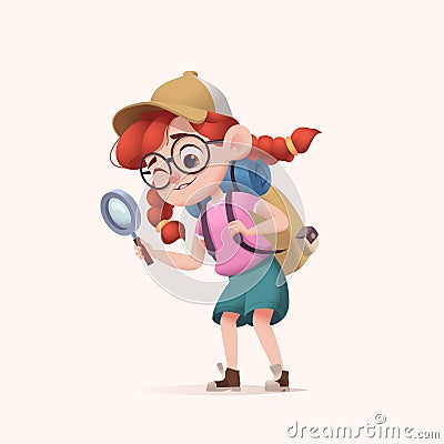 Young girl scout with backpack exploring the world. Modern cartoon 3D style vector illustration. Vector Illustration