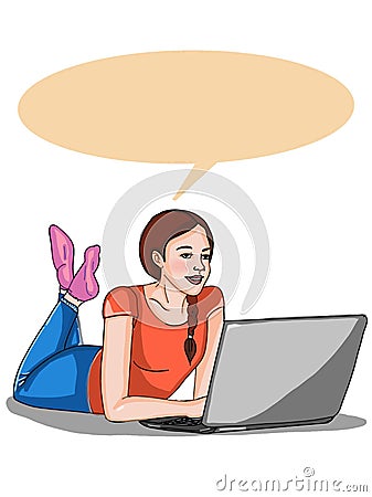 Young girl searching with laptop white background Stock Photo