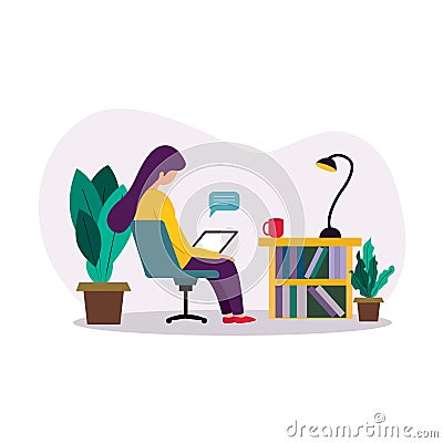 A young girl seat on a office chair and using laptop in her room, remote work place, relaxing work, work from home illustration co Cartoon Illustration