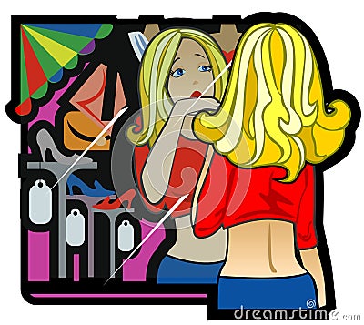 Young girl before a shop show-window Vector Illustration