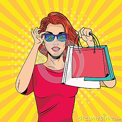 Young girl with shopping bag and sunglasses pop art style Vector Illustration