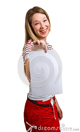 Young girl shows empty sheet Stock Photo