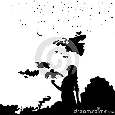 Young girl silhouette with a bird on background sunset and starry sky Vector Illustration