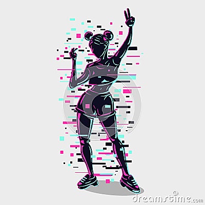 Young girl silhouette with glitch style effect. Dancing woman modern style illustration. Female hologram digital art Vector Illustration