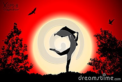 Young girl silhouette with shawl dancing on background of red sunset with trees, birds Vector Illustration