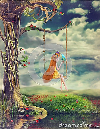 Young girl sit on a swing in the forest Stock Photo