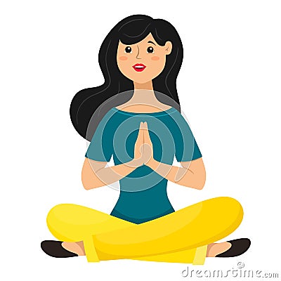 A young girl sits in a lotus position with her hands clasped in front. Yoga pose. Vector isolate in flat style. Vector Illustration