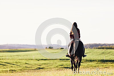 Young girl sitting on a bay horse, riding on the field. Stock Photo
