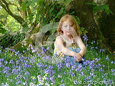 Young Girl sitting in a bluebell wood Stock Photo