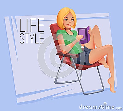 Young girl sitting on folding chair and reads a book. Vector Illustration