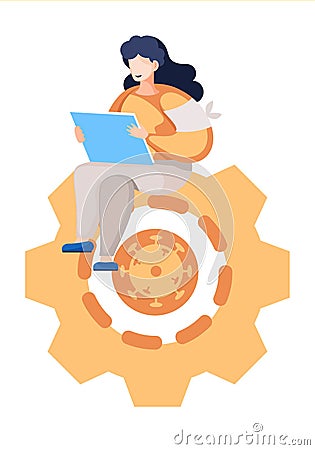 Young girl sitting on the gearwheel with laptop serfing internet, typing, writing a message Cartoon Illustration