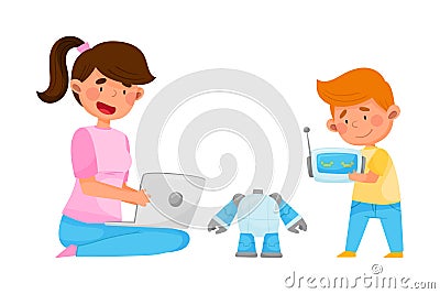 Young Girl Sitting with Kid and Configuring Robot with Laptop Vector Illustration Vector Illustration