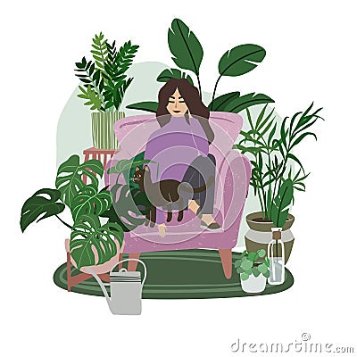Young girl sitting in lilac chair with a cat Vector Illustration