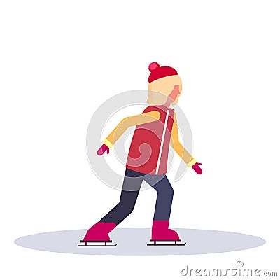 Young girl skating ice rink sport activities lady wearing winter clothes female carton character full length profile Vector Illustration