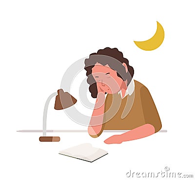 Young girl sleeping, slumbering or dozing while reading book or preparing for school lesson, examination or test. Cute Vector Illustration