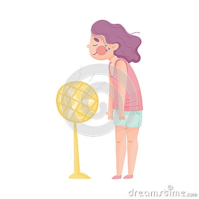 Young Girl Standing in Front of Fan and Enjoying Because of Hot Weather Vector Illustration Vector Illustration