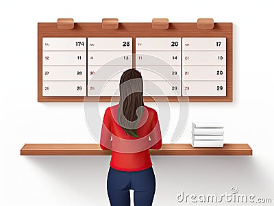 A young girl stands at the blackboard with a calendar and calculates women's days. White background. Generated by AI Stock Photo