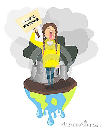 Young girl stay on melting earth with a global warming poster. School kids protesters, climate change, save our planet Vector Illustration