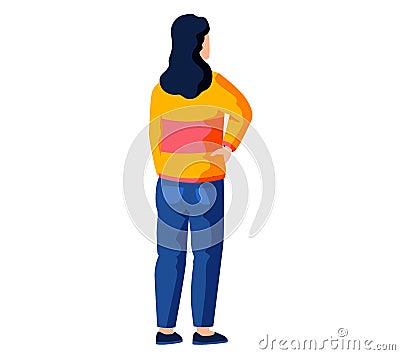 Female character stands pensively with back to viewer. Woman is looking at something behind her Vector Illustration