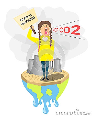 Young girl stay on melting earth with a global warming poster. School kids protesters, climate change, save our planet Vector Illustration