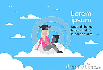 Young Girl Student Graduate Sitting On Cloud With Laptop, Education Online Technology Concept Vector Illustration