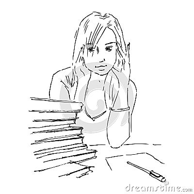 Young girl study Cartoon Illustration