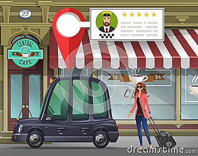 Young girl with suitcase goes in the London taxi for a working trip on the background of cafe with taxi service app. Vector Illustration