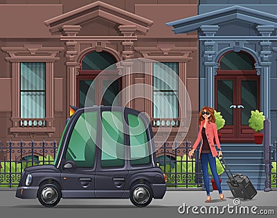 Young girl with suitcase goes in the London taxi for a working trip on the background of houses. Vector Illustration