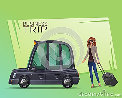 Young girl with suitcase goes in the London taxi for a working trip. Vector Illustration