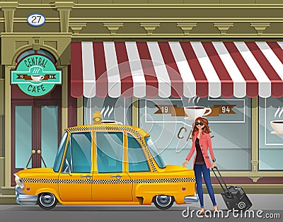 Young girl with suitcase goes in the New York taxi for a working trip on the background of cafe. Vector Illustration