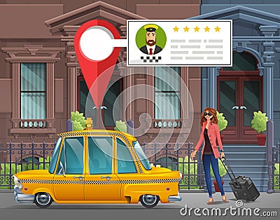 Young girl with suitcase goes in the New York taxi for a working trip on the background of houses with taxi service app. Vector Illustration