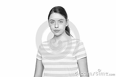 young girl in summer striped tshirt isolated on white background Stock Photo
