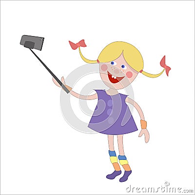 Young girl taking selfie photo on smart phone. Vector Illustration