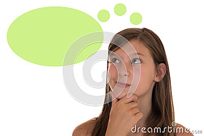 Young girl thinking with speech bubble and copyspace Stock Photo
