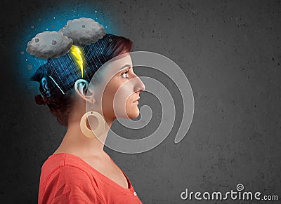 Young girl with thunderstorm lightning headache Cartoon Illustration