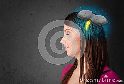 Young girl with thunderstorm lightning headache Cartoon Illustration