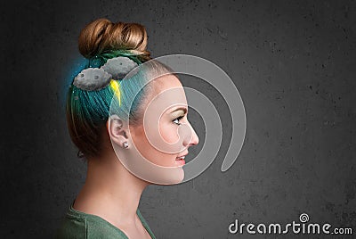 Young girl with thunderstorm lightning headache Cartoon Illustration