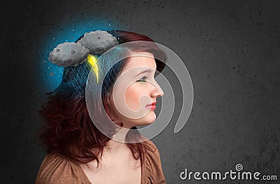 Young girl with thunderstorm lightning headache Cartoon Illustration