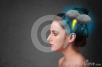 Young girl with thunderstorm lightning headache Cartoon Illustration