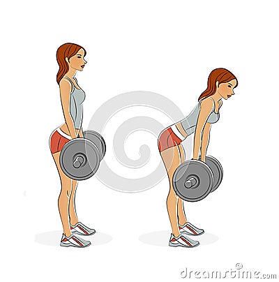 Young girl trains with a barbell. Exercises for the muscles of the buttocks and muscles of the legs. Illustration isolated on Stock Photo