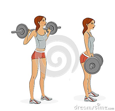 Young girl trains with a barbell. Exercises for the muscles of the buttocks and muscles of the legs. Illustration isolated on Stock Photo