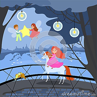 Young girl unicorn ride, fantasy place female male fairy fly around princess and hold star evening compositions flat Vector Illustration