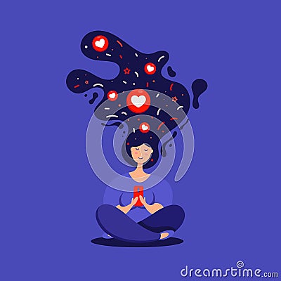 Young girl using phone, sitting legs crossed and chatting on a mobile phone. Long hair with love emoticons icons Cartoon Illustration