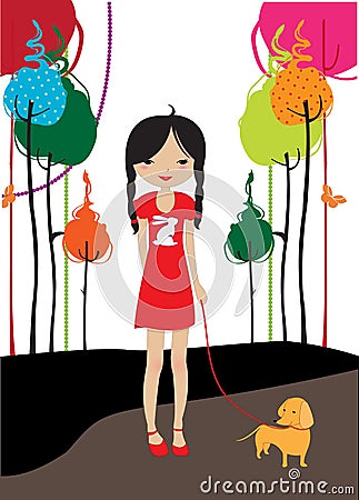 Young girl walking with the dog Vector Illustration
